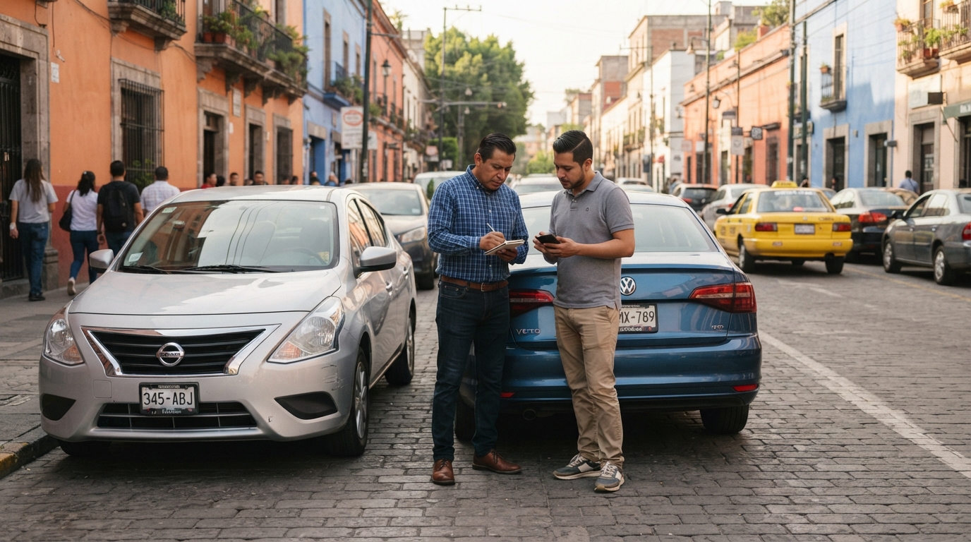 Dos autos con un choque leve, conductores intercambiando datos